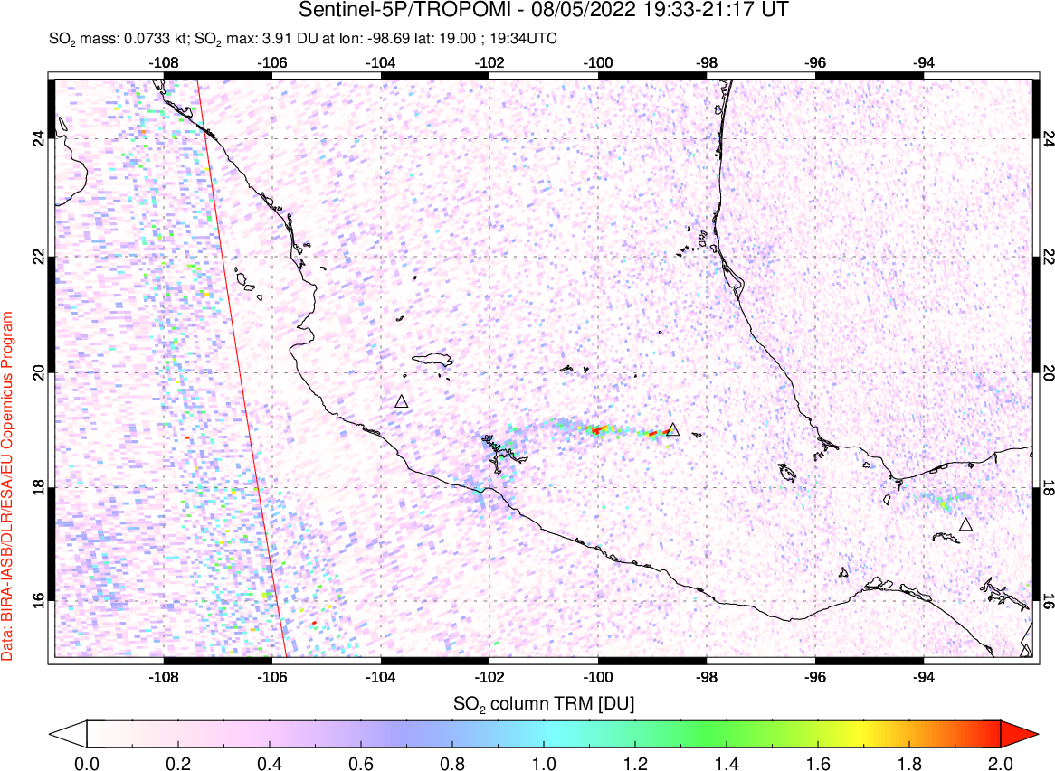 A sulfur dioxide image over Mexico on Aug 05, 2022.