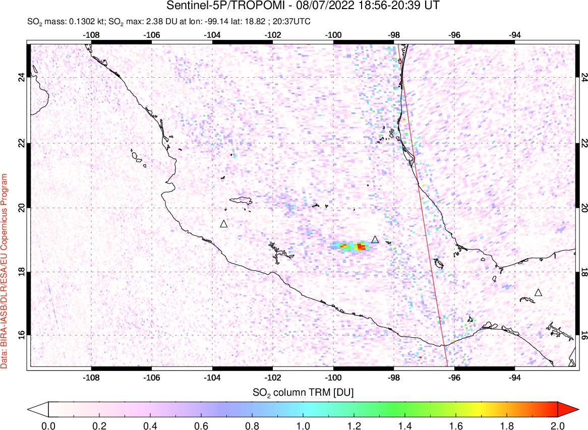 A sulfur dioxide image over Mexico on Aug 07, 2022.