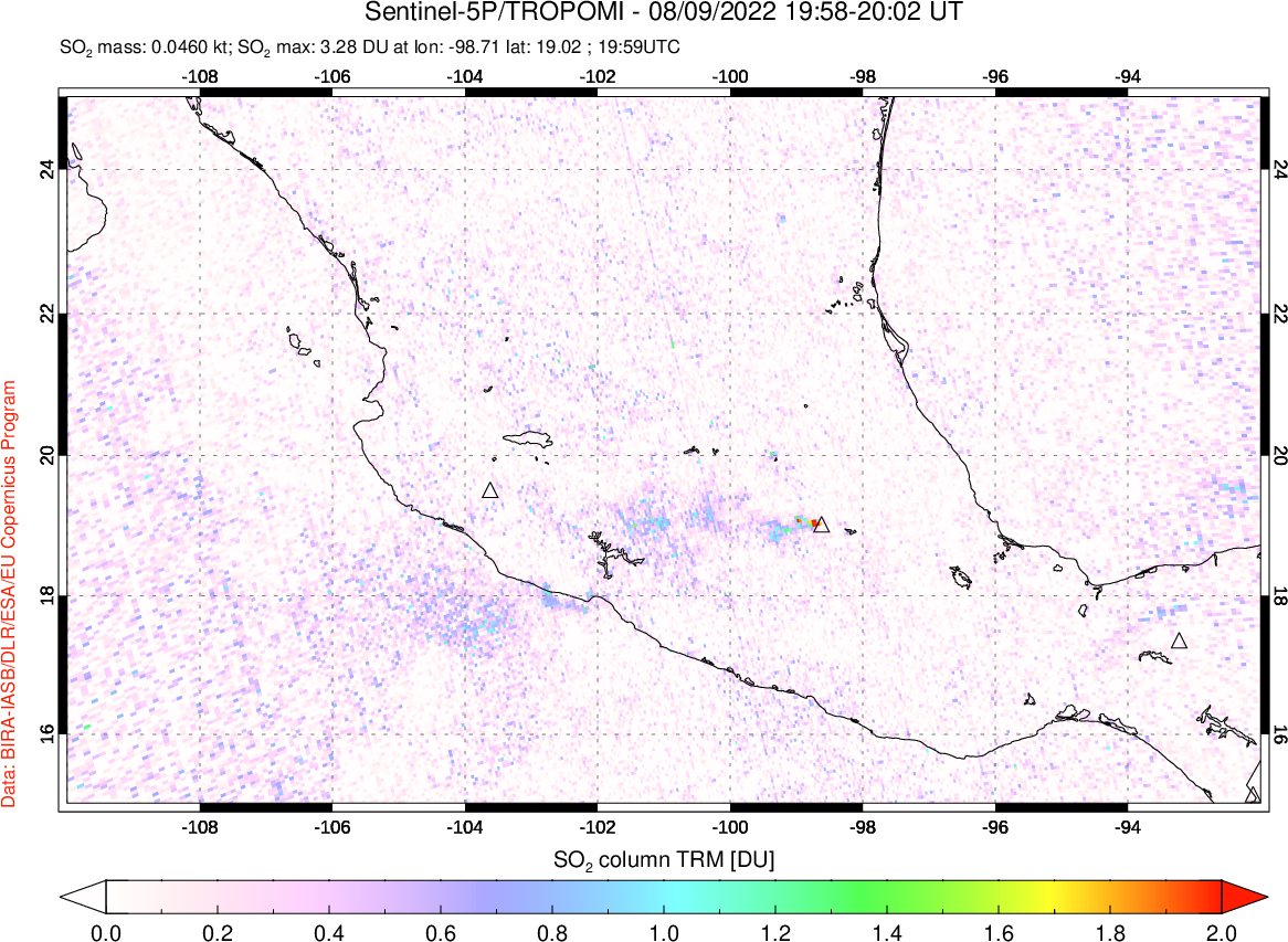 A sulfur dioxide image over Mexico on Aug 09, 2022.