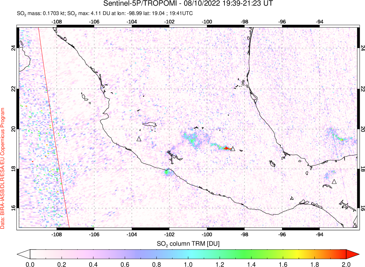 A sulfur dioxide image over Mexico on Aug 10, 2022.