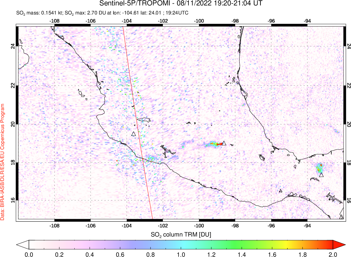 A sulfur dioxide image over Mexico on Aug 11, 2022.