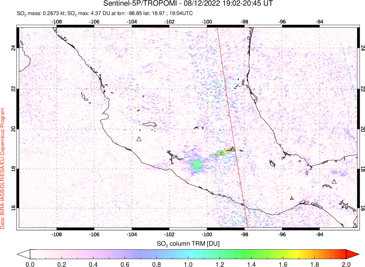 A sulfur dioxide image over Mexico on Aug 12, 2022.