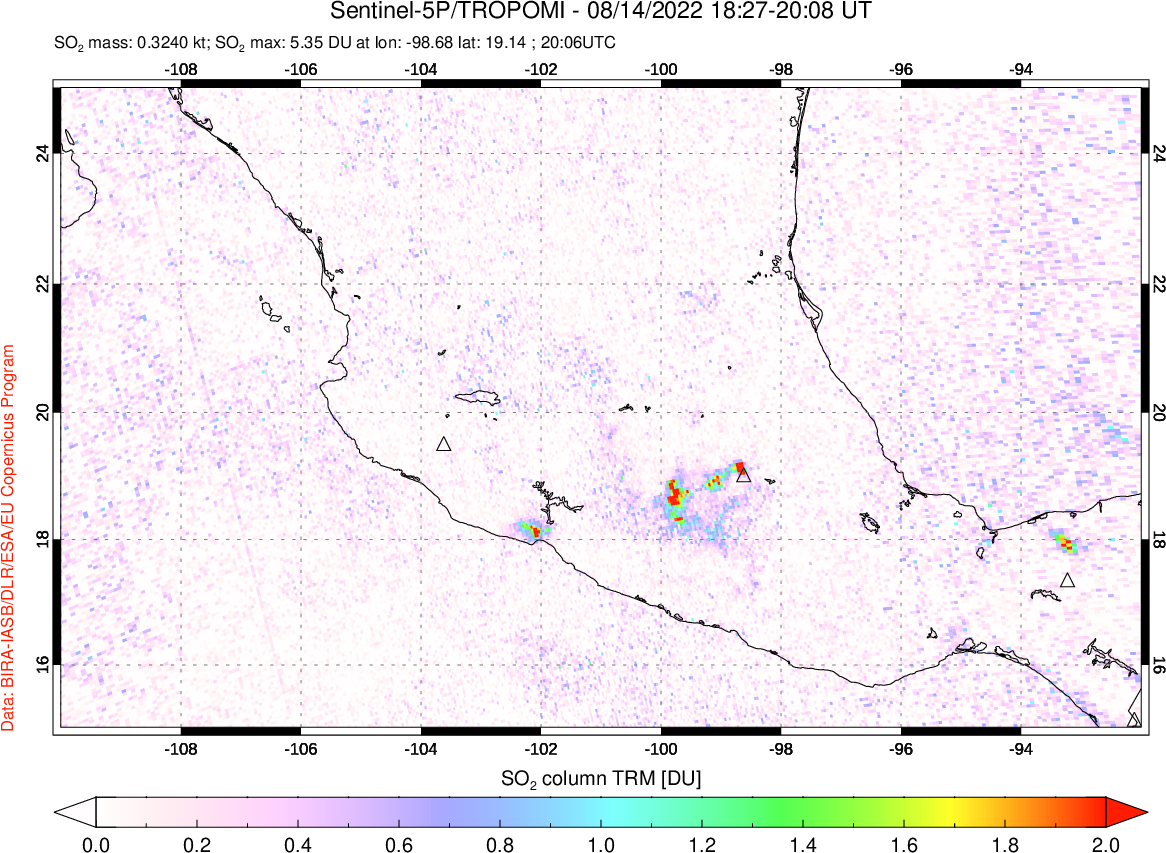 A sulfur dioxide image over Mexico on Aug 14, 2022.