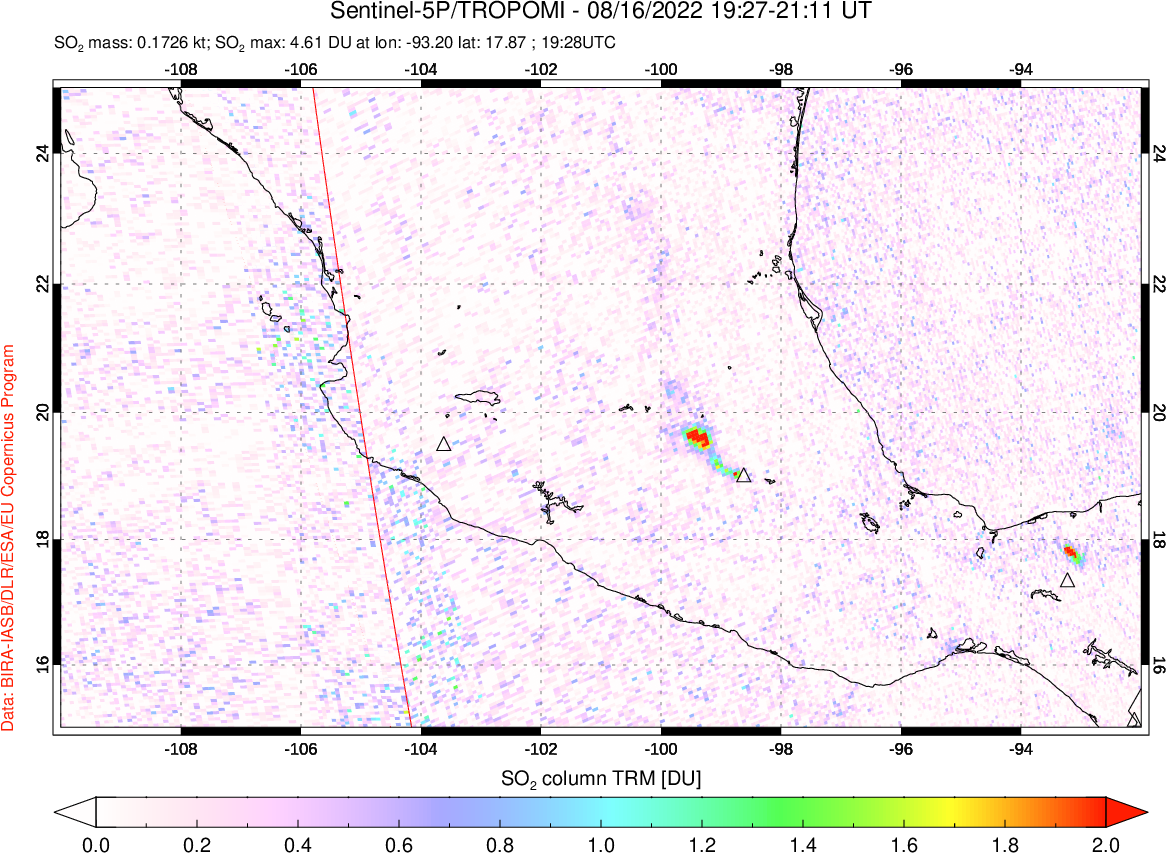 A sulfur dioxide image over Mexico on Aug 16, 2022.