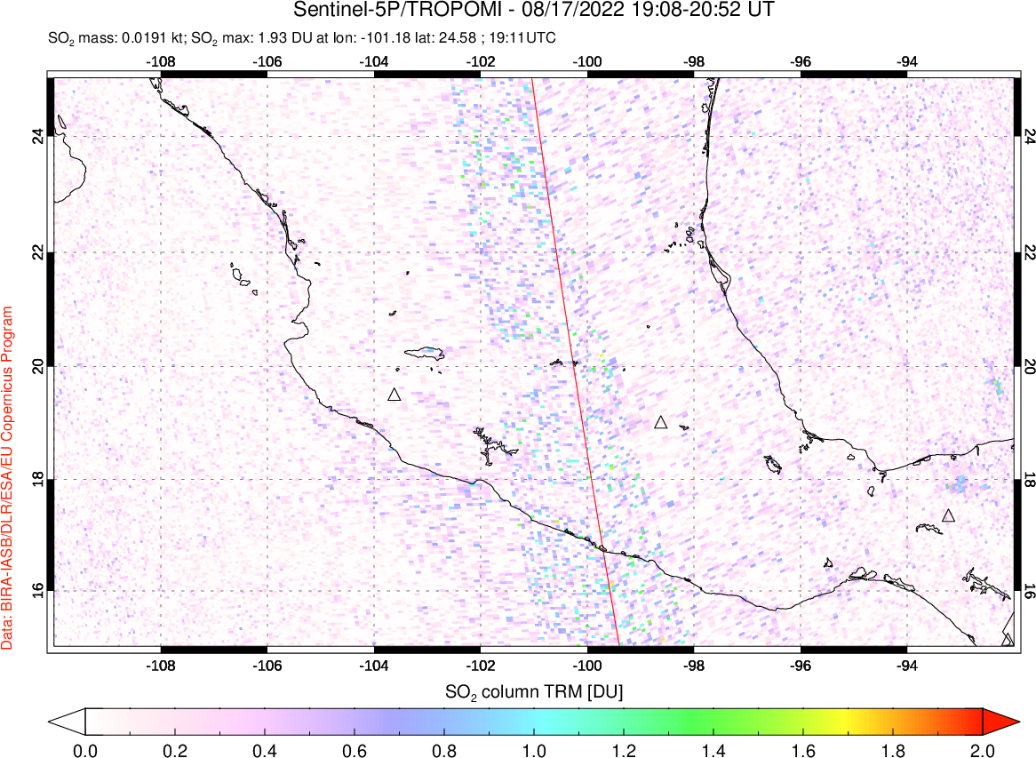 A sulfur dioxide image over Mexico on Aug 17, 2022.