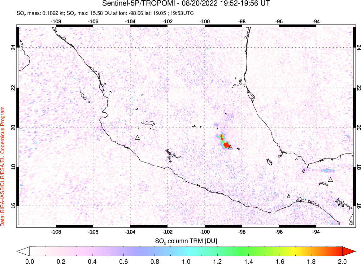 A sulfur dioxide image over Mexico on Aug 20, 2022.