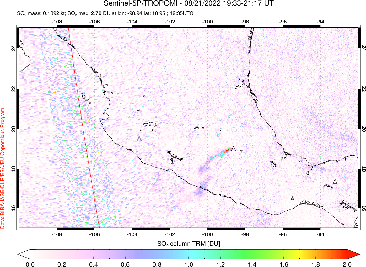 A sulfur dioxide image over Mexico on Aug 21, 2022.