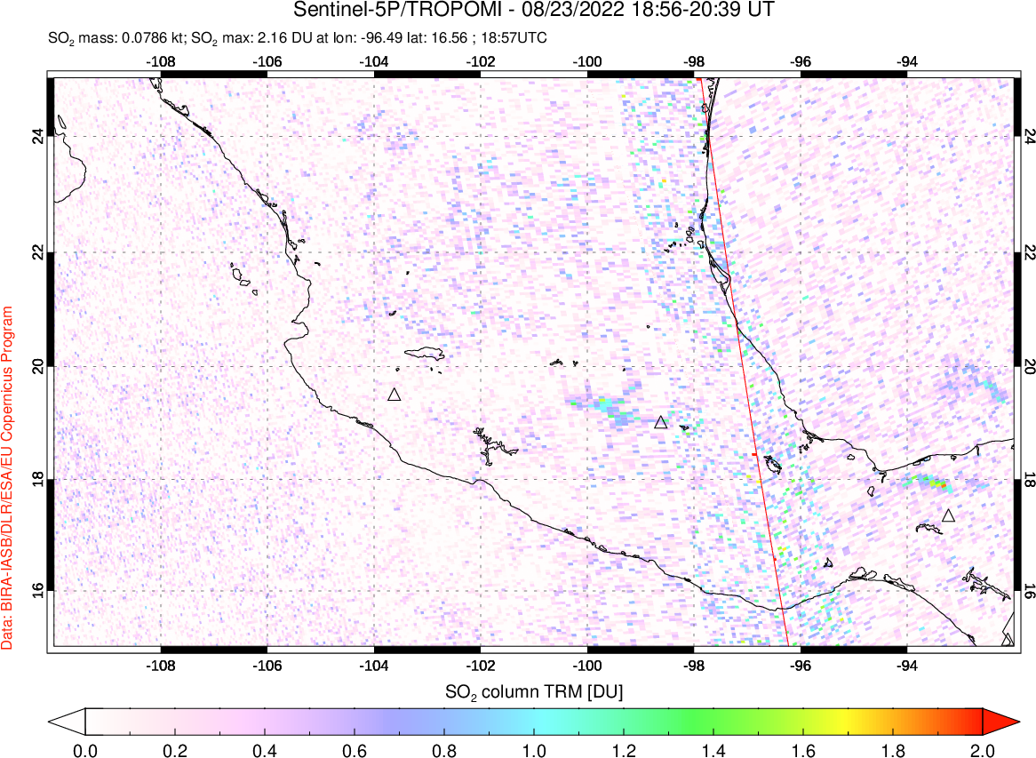 A sulfur dioxide image over Mexico on Aug 23, 2022.