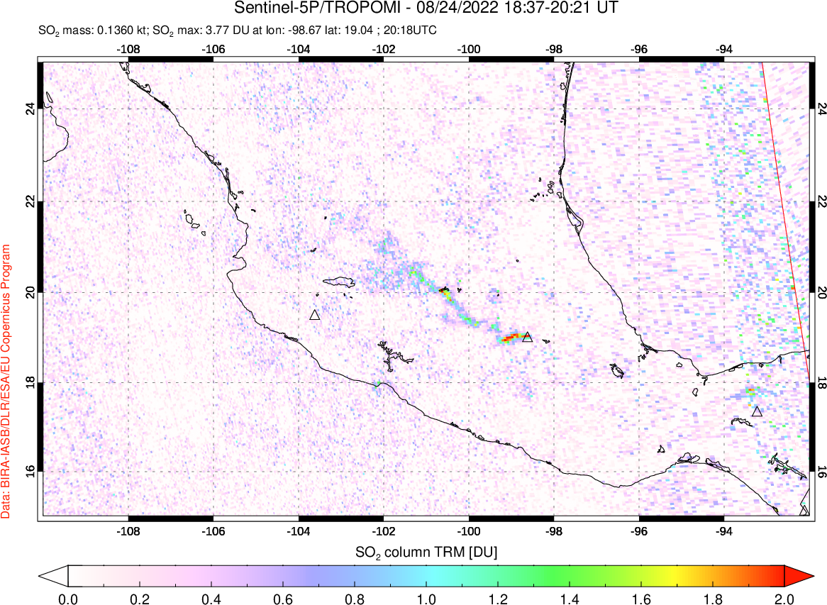 A sulfur dioxide image over Mexico on Aug 24, 2022.
