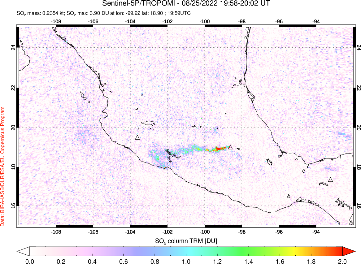 A sulfur dioxide image over Mexico on Aug 25, 2022.