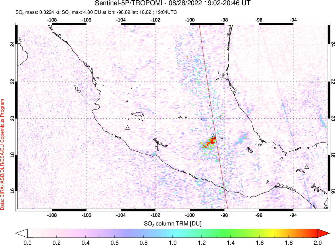 A sulfur dioxide image over Mexico on Aug 28, 2022.