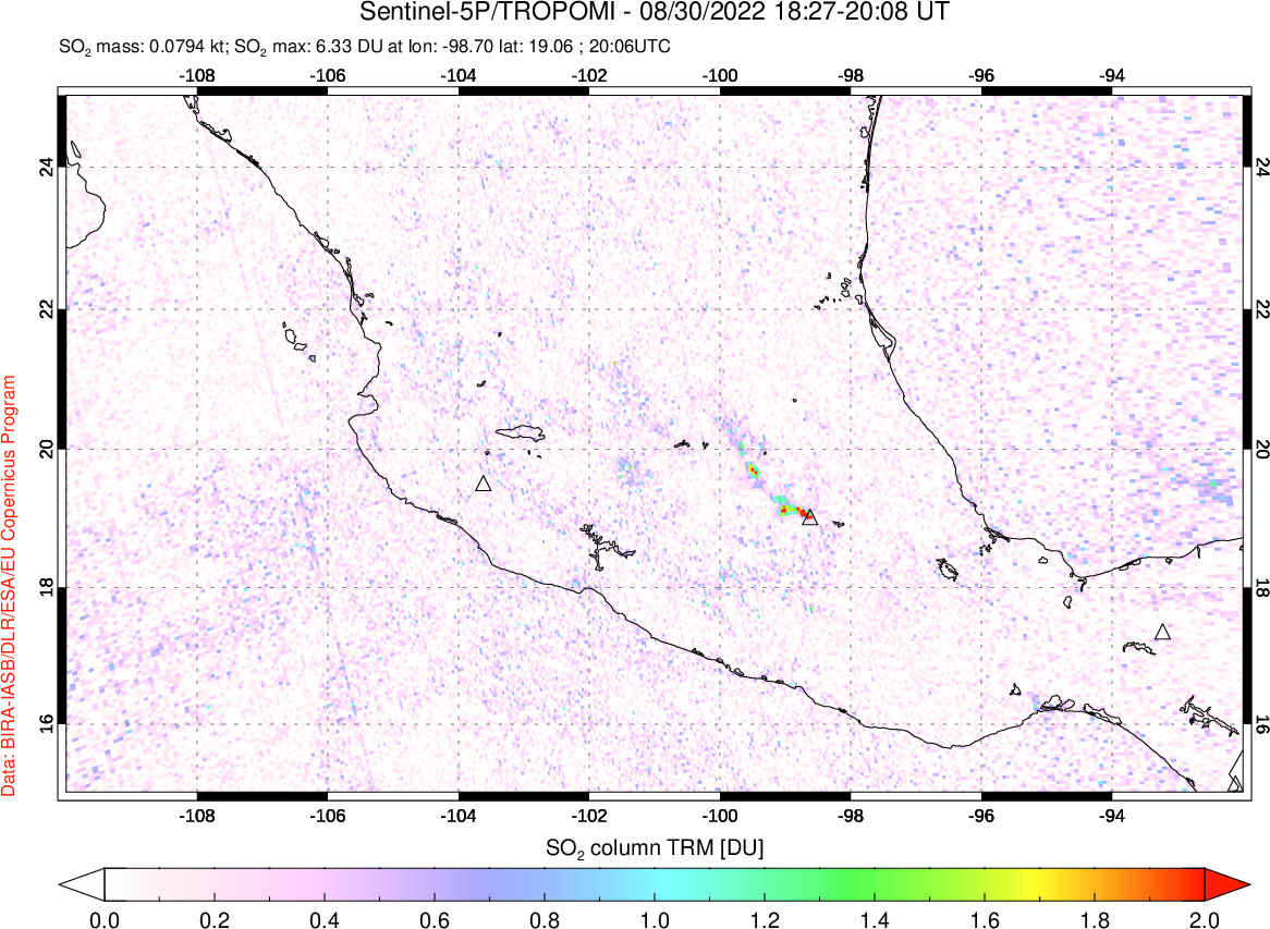 A sulfur dioxide image over Mexico on Aug 30, 2022.