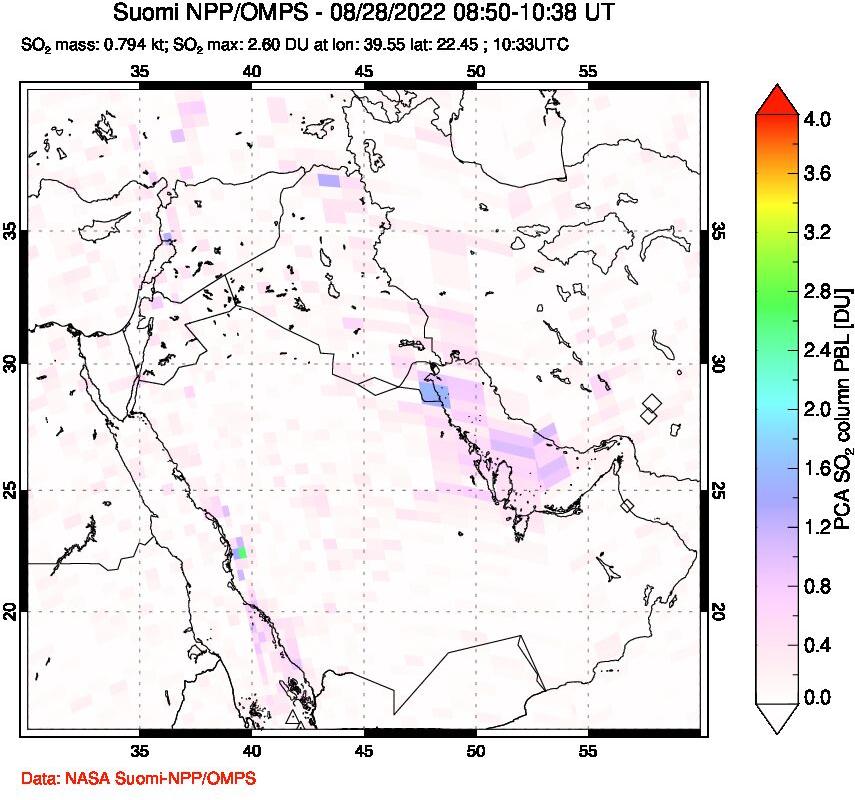 A sulfur dioxide image over Middle East on Aug 28, 2022.