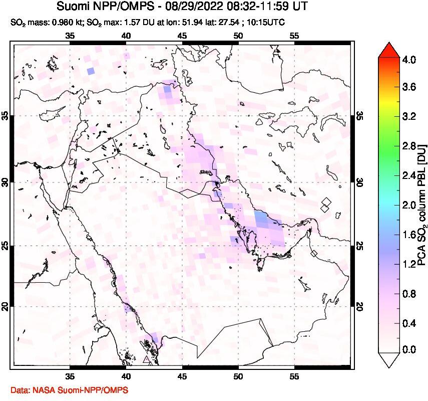 A sulfur dioxide image over Middle East on Aug 29, 2022.