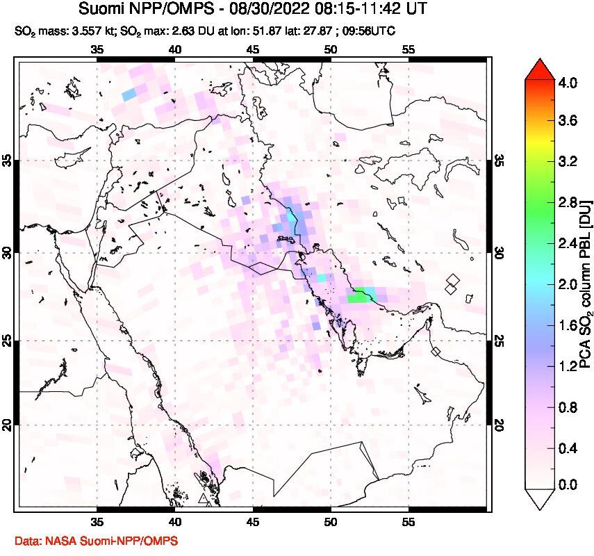 A sulfur dioxide image over Middle East on Aug 30, 2022.