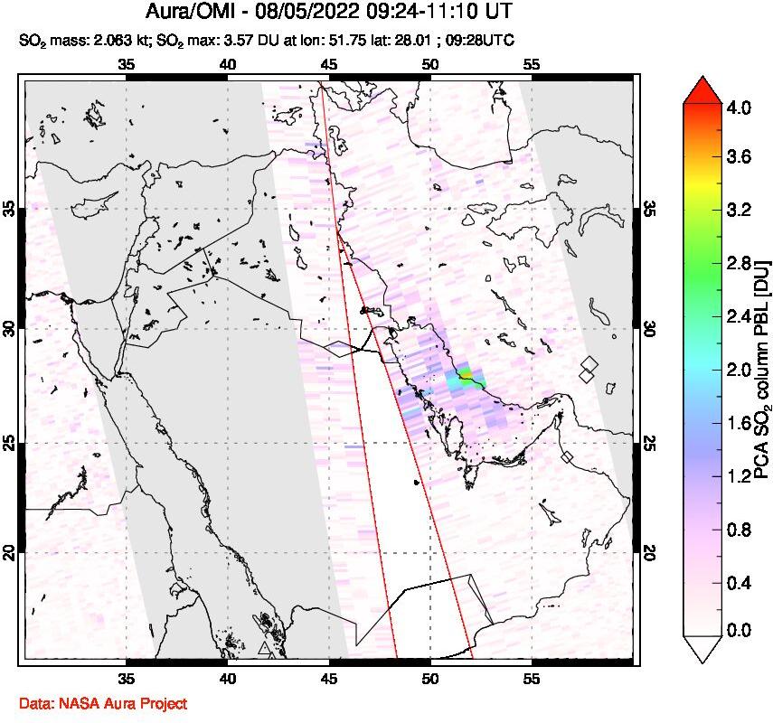 A sulfur dioxide image over Middle East on Aug 05, 2022.