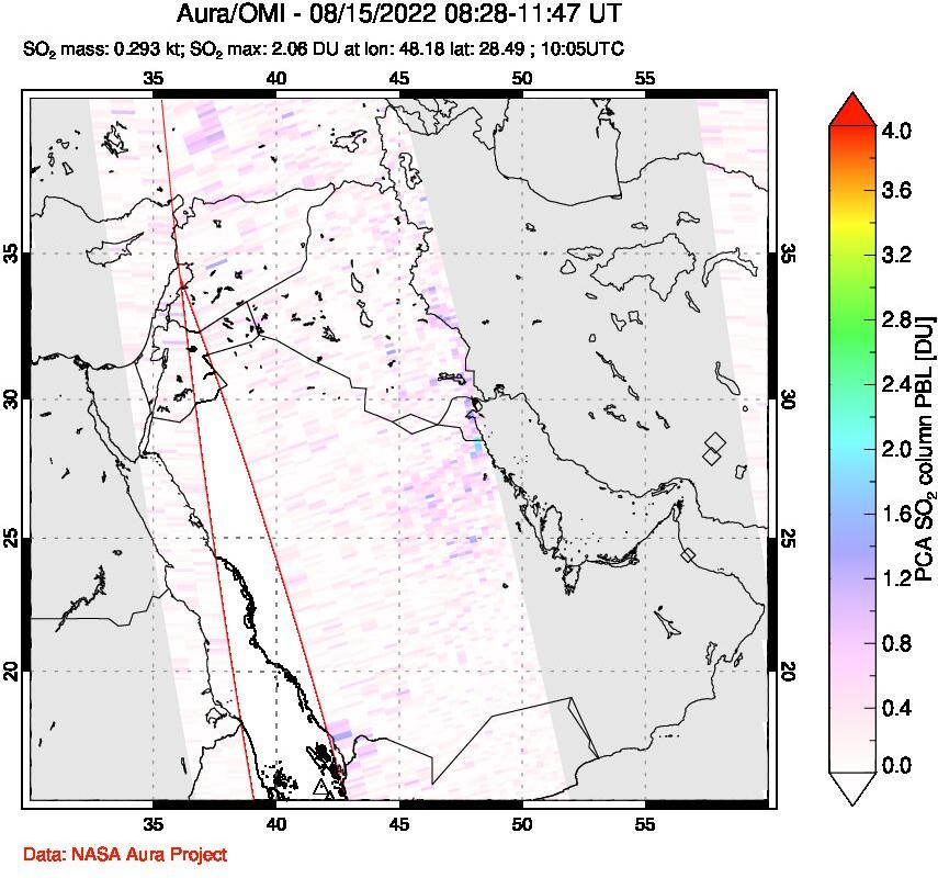A sulfur dioxide image over Middle East on Aug 15, 2022.