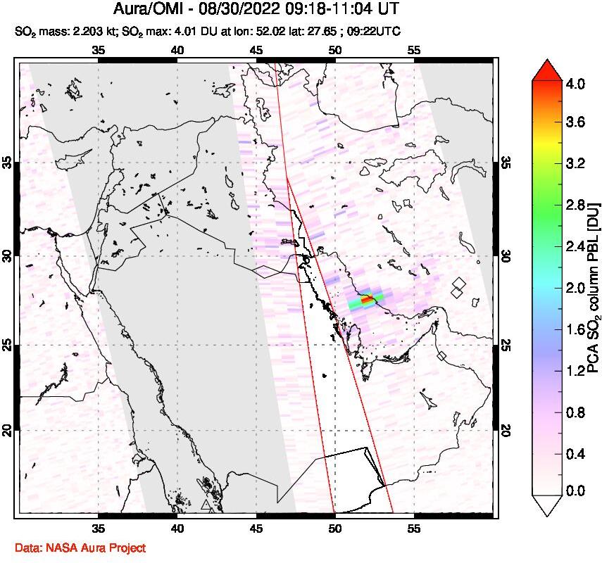 A sulfur dioxide image over Middle East on Aug 30, 2022.