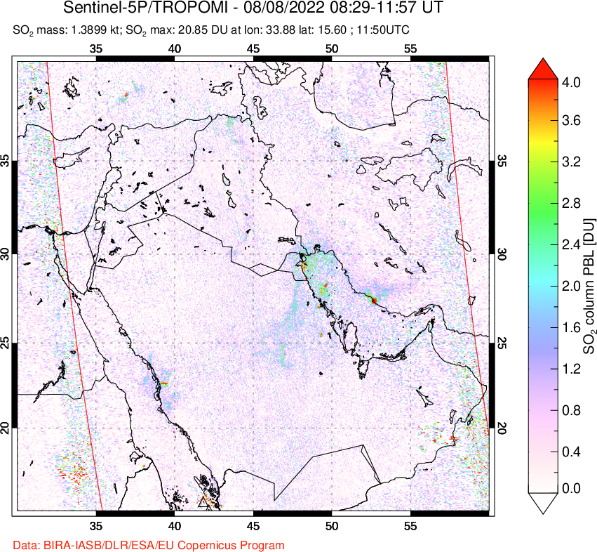A sulfur dioxide image over Middle East on Aug 08, 2022.