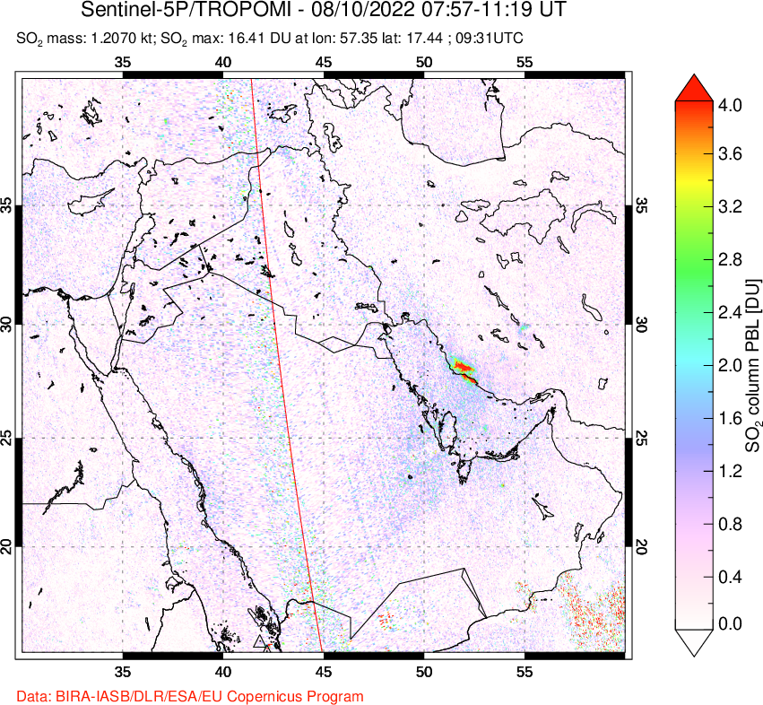 A sulfur dioxide image over Middle East on Aug 10, 2022.