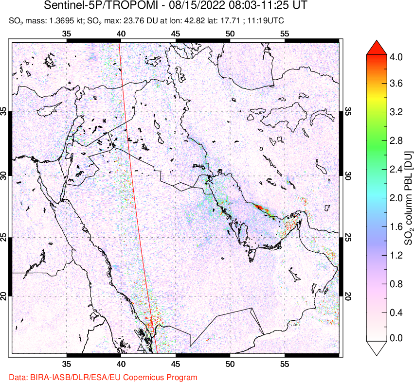 A sulfur dioxide image over Middle East on Aug 15, 2022.