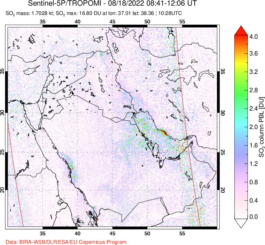 A sulfur dioxide image over Middle East on Aug 18, 2022.