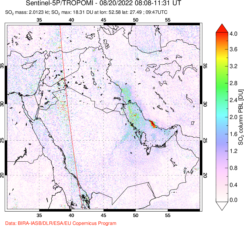 A sulfur dioxide image over Middle East on Aug 20, 2022.