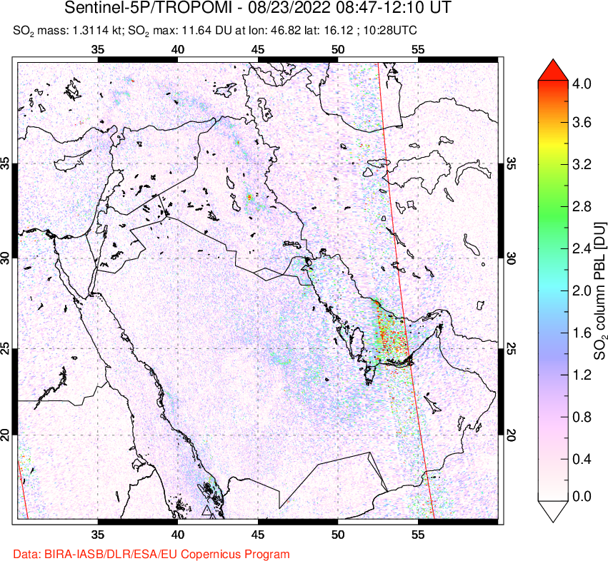 A sulfur dioxide image over Middle East on Aug 23, 2022.