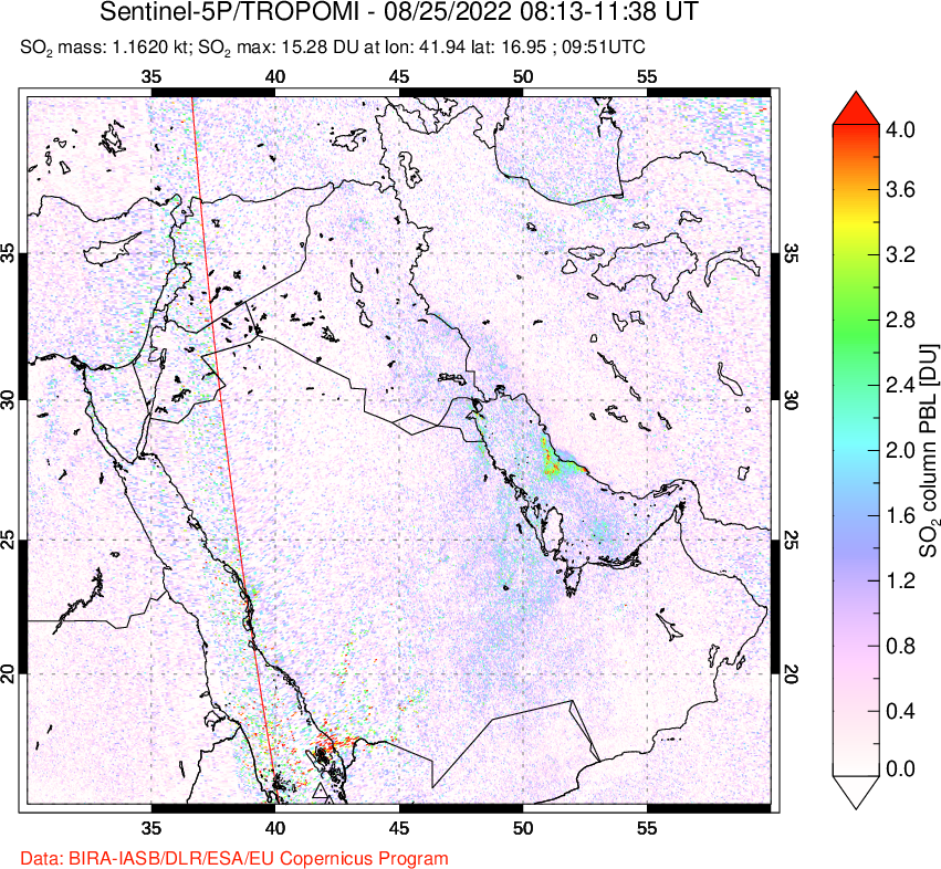 A sulfur dioxide image over Middle East on Aug 25, 2022.