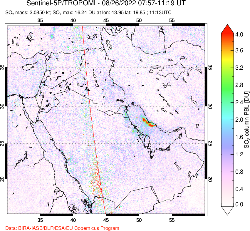 A sulfur dioxide image over Middle East on Aug 26, 2022.