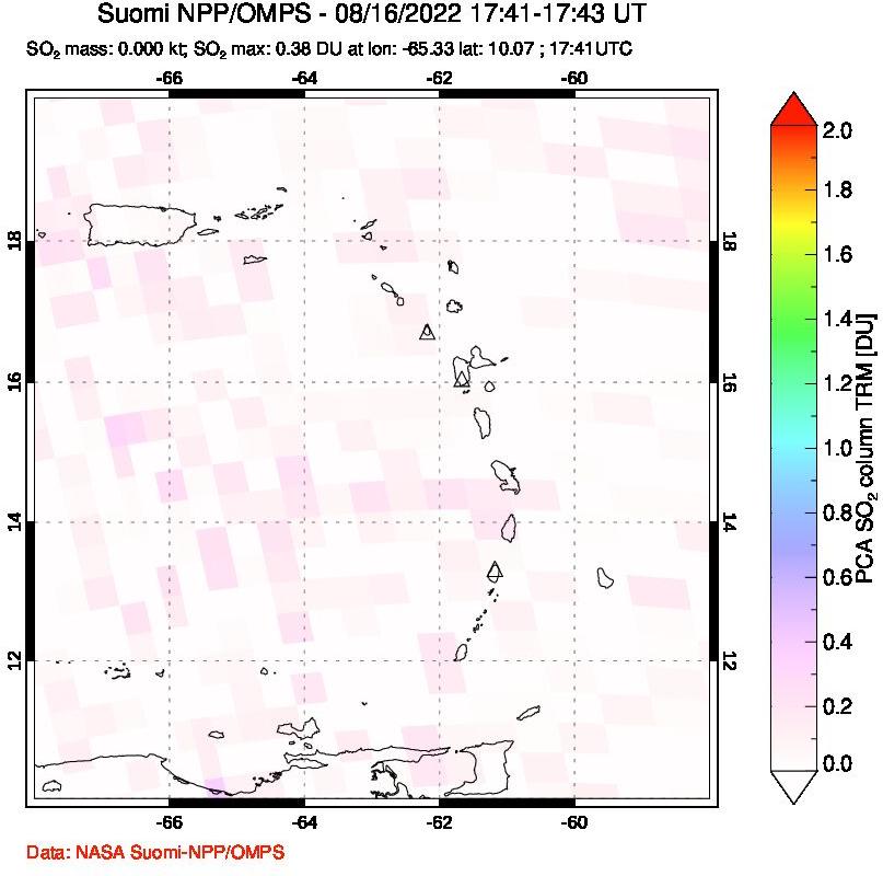 A sulfur dioxide image over Montserrat, West Indies on Aug 16, 2022.