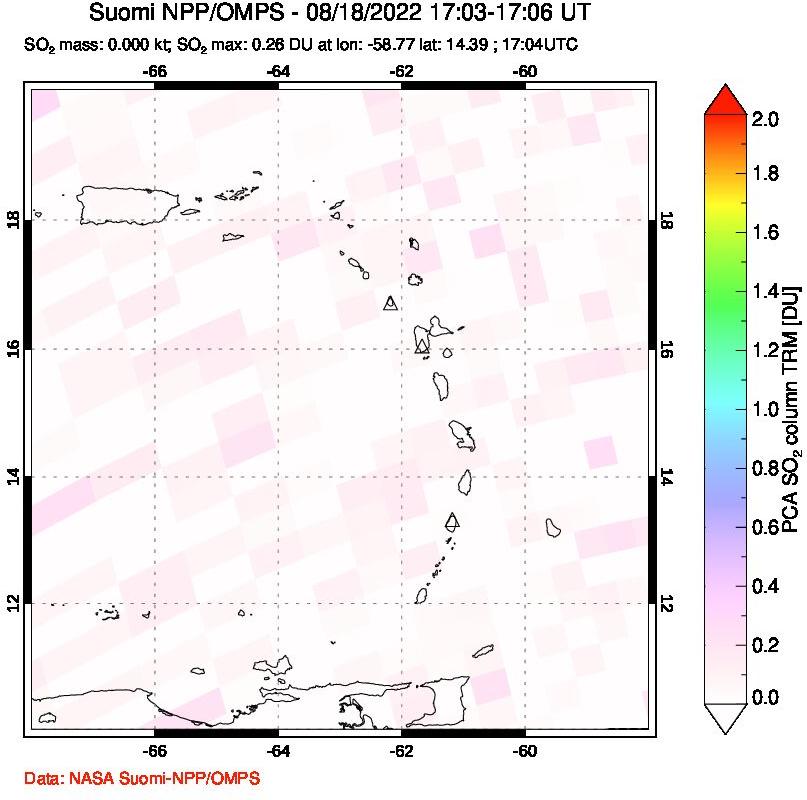 A sulfur dioxide image over Montserrat, West Indies on Aug 18, 2022.