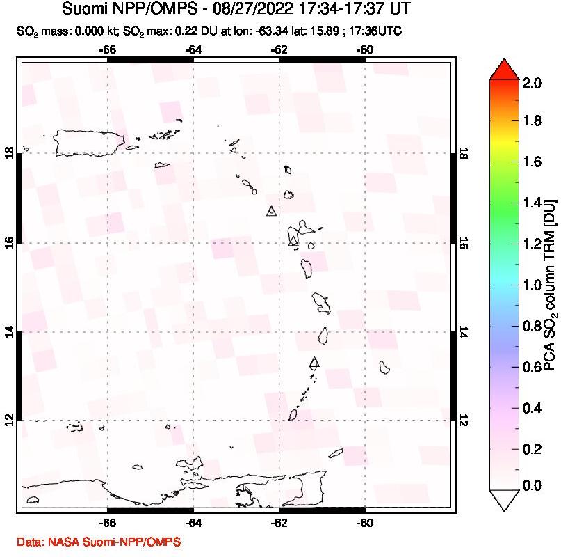 A sulfur dioxide image over Montserrat, West Indies on Aug 27, 2022.