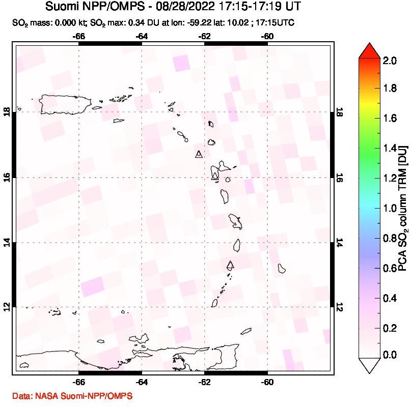 A sulfur dioxide image over Montserrat, West Indies on Aug 28, 2022.
