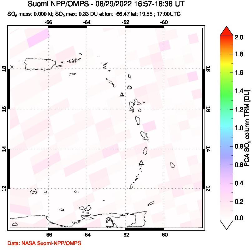 A sulfur dioxide image over Montserrat, West Indies on Aug 29, 2022.