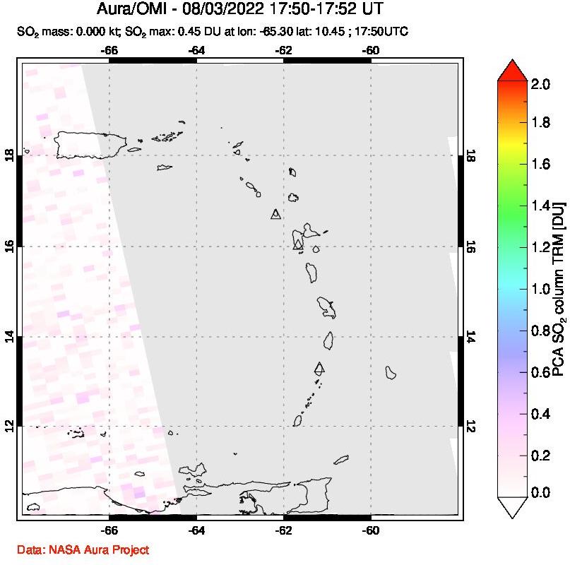A sulfur dioxide image over Montserrat, West Indies on Aug 03, 2022.