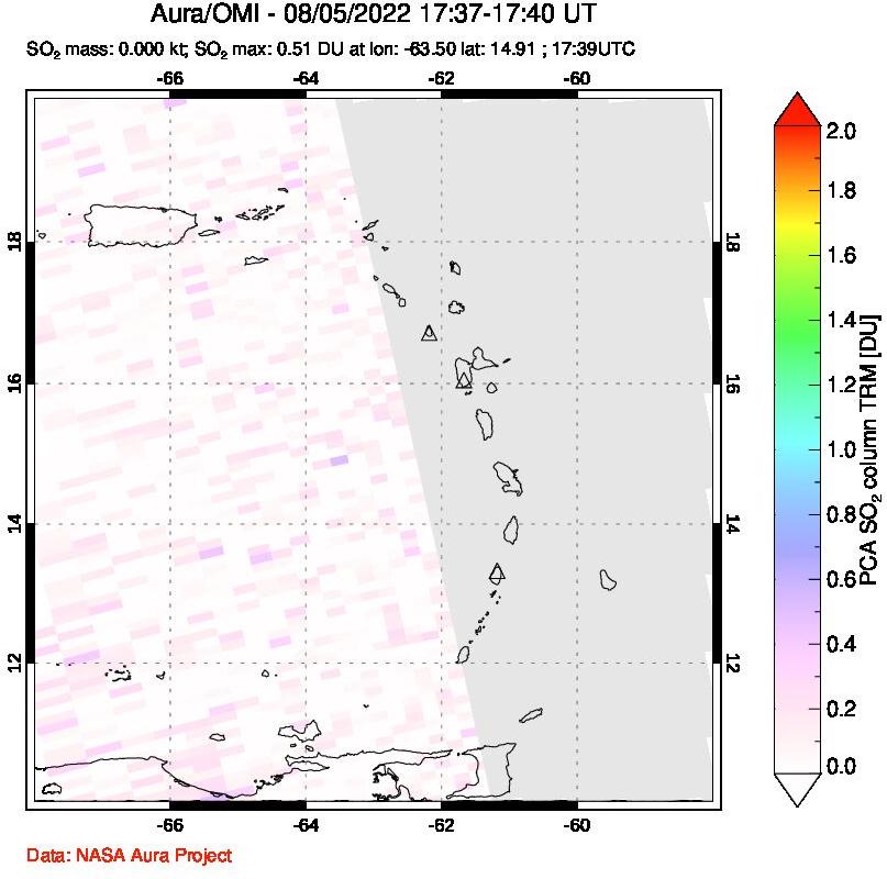 A sulfur dioxide image over Montserrat, West Indies on Aug 05, 2022.
