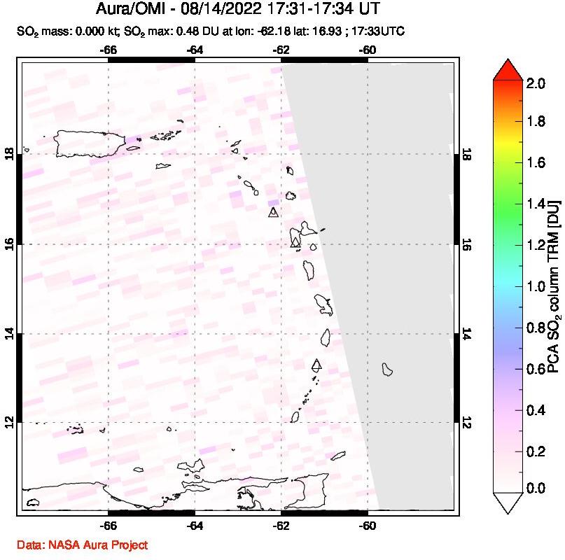 A sulfur dioxide image over Montserrat, West Indies on Aug 14, 2022.