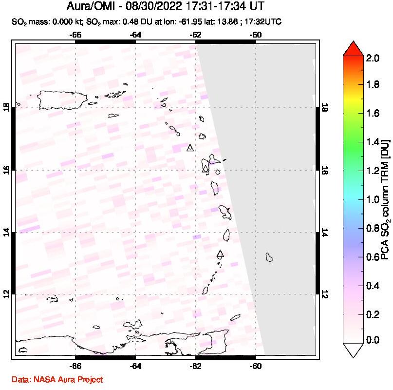 A sulfur dioxide image over Montserrat, West Indies on Aug 30, 2022.