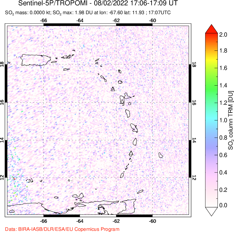 A sulfur dioxide image over Montserrat, West Indies on Aug 02, 2022.