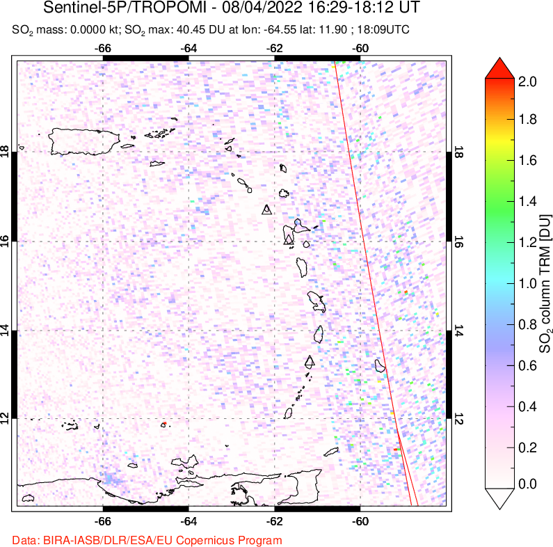 A sulfur dioxide image over Montserrat, West Indies on Aug 04, 2022.