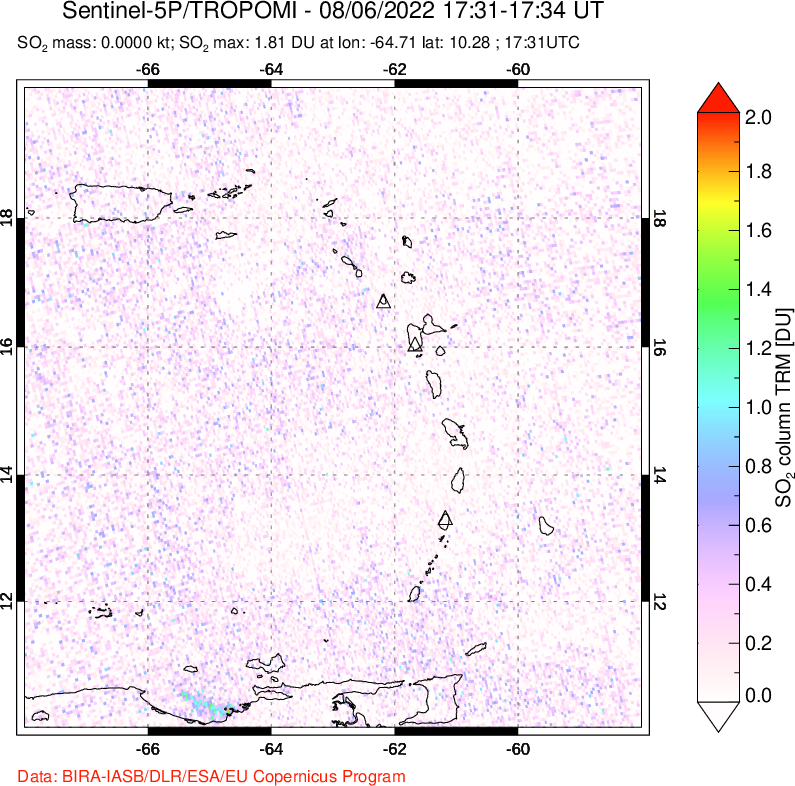 A sulfur dioxide image over Montserrat, West Indies on Aug 06, 2022.