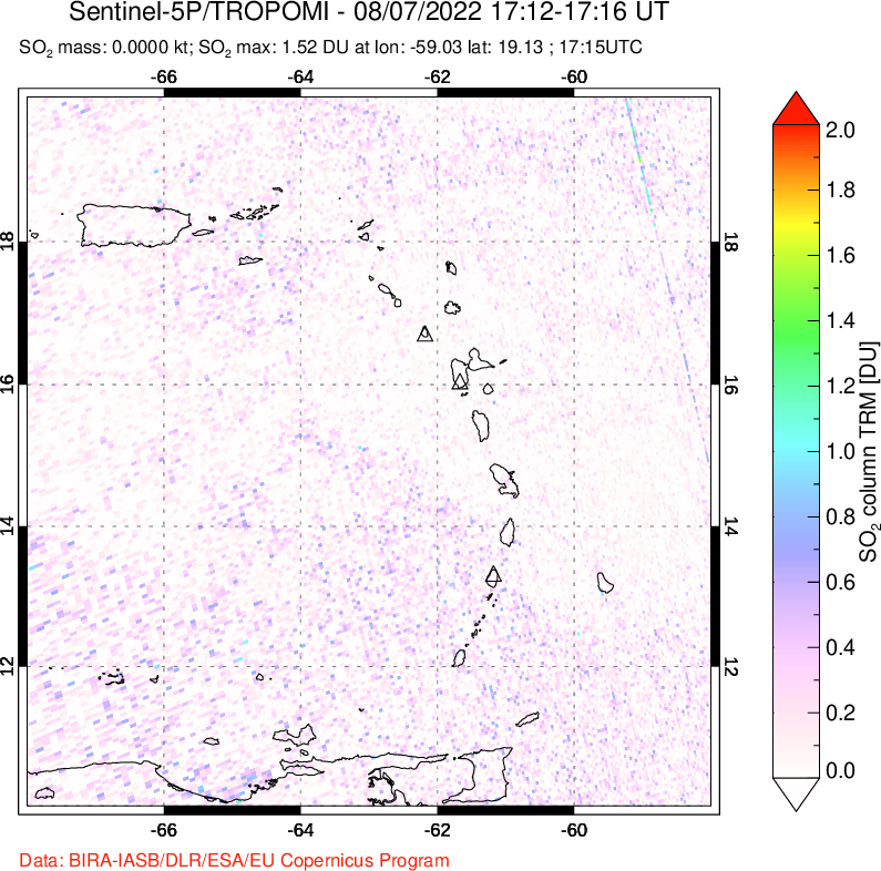 A sulfur dioxide image over Montserrat, West Indies on Aug 07, 2022.