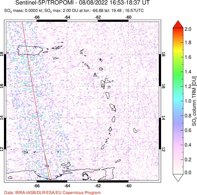 A sulfur dioxide image over Montserrat, West Indies on Aug 08, 2022.