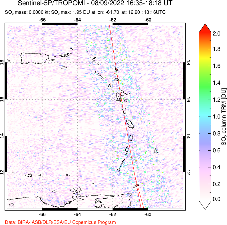 A sulfur dioxide image over Montserrat, West Indies on Aug 09, 2022.