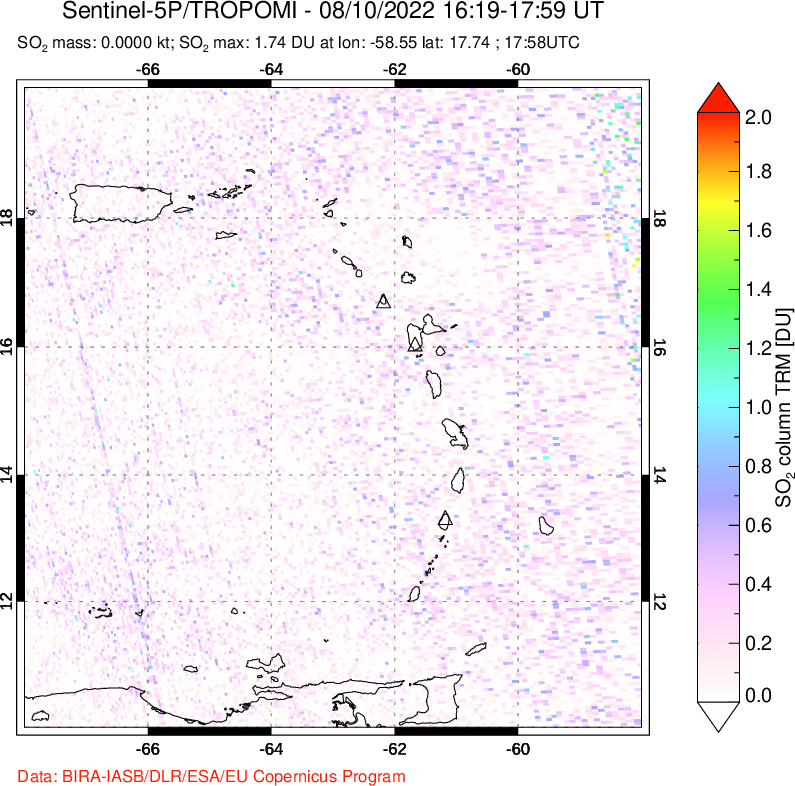 A sulfur dioxide image over Montserrat, West Indies on Aug 10, 2022.