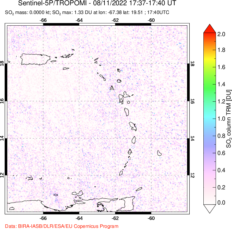 A sulfur dioxide image over Montserrat, West Indies on Aug 11, 2022.