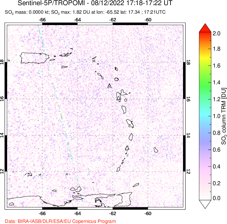 A sulfur dioxide image over Montserrat, West Indies on Aug 12, 2022.