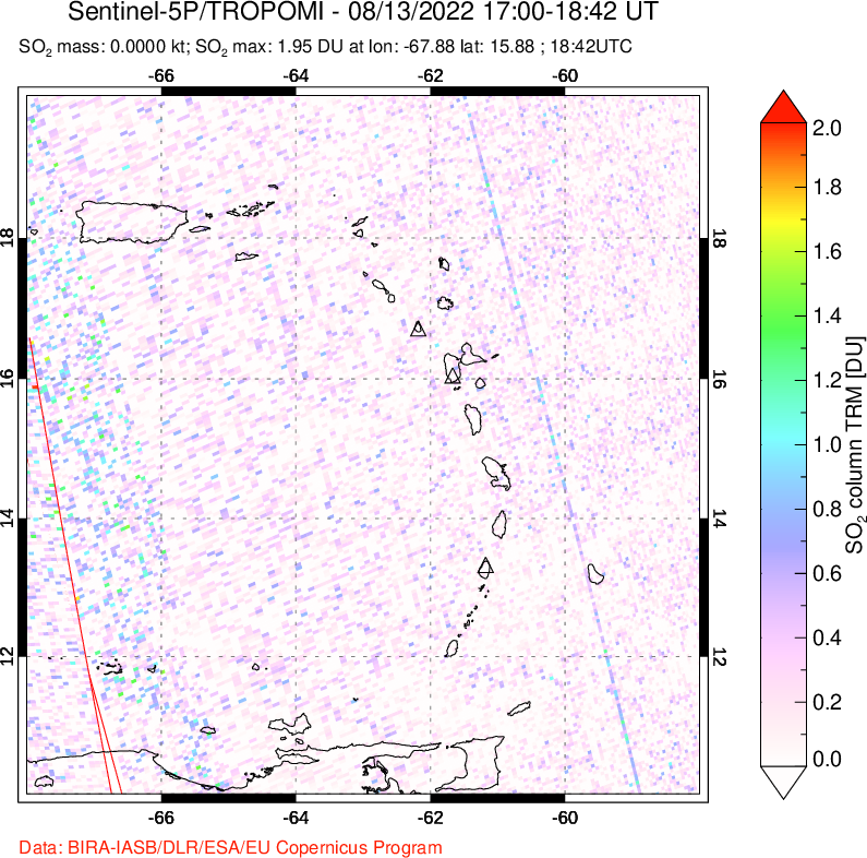 A sulfur dioxide image over Montserrat, West Indies on Aug 13, 2022.