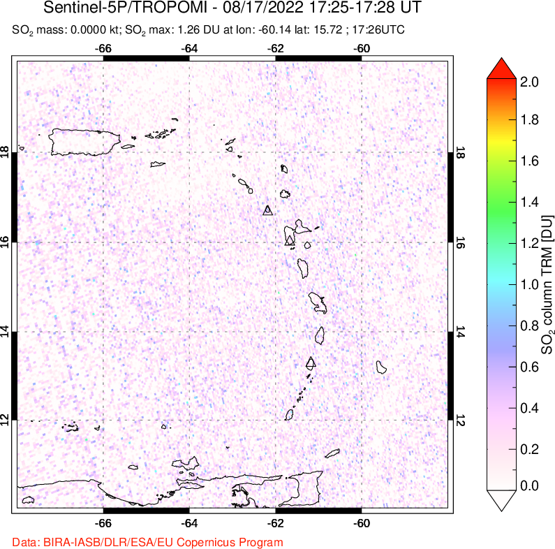 A sulfur dioxide image over Montserrat, West Indies on Aug 17, 2022.